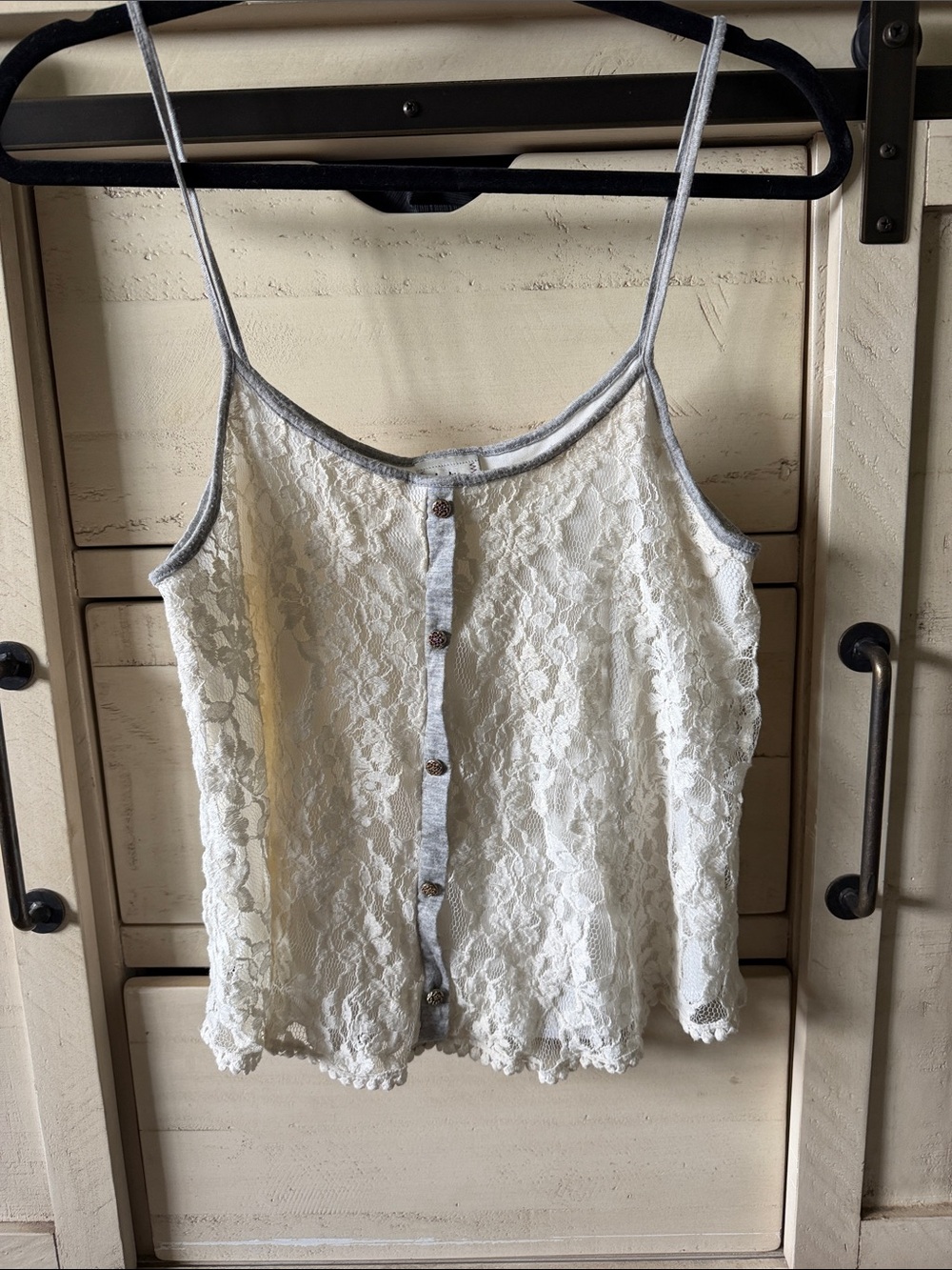 Daytrip White Lace Button-Front Camisole with Gray Trim